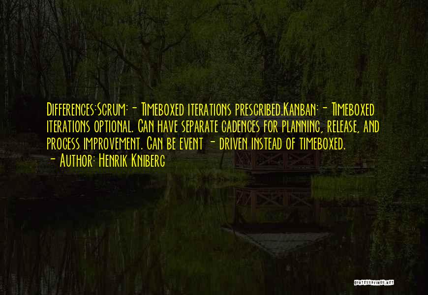 Henrik Kniberg Quotes: Differences:scrum:- Timeboxed Iterations Prescribed.kanban:- Timeboxed Iterations Optional. Can Have Separate Cadences For Planning, Release, And Process Improvement. Can Be Event