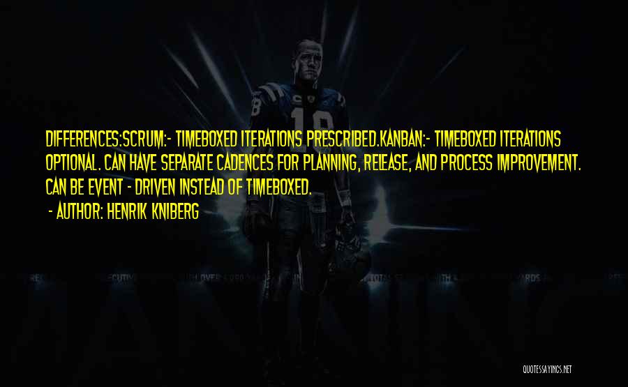 Henrik Kniberg Quotes: Differences:scrum:- Timeboxed Iterations Prescribed.kanban:- Timeboxed Iterations Optional. Can Have Separate Cadences For Planning, Release, And Process Improvement. Can Be Event