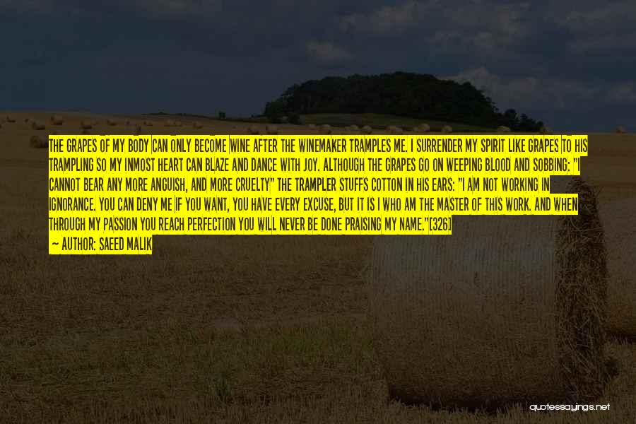 Saeed Malik Quotes: The Grapes Of My Body Can Only Become Wine After The Winemaker Tramples Me. I Surrender My Spirit Like Grapes
