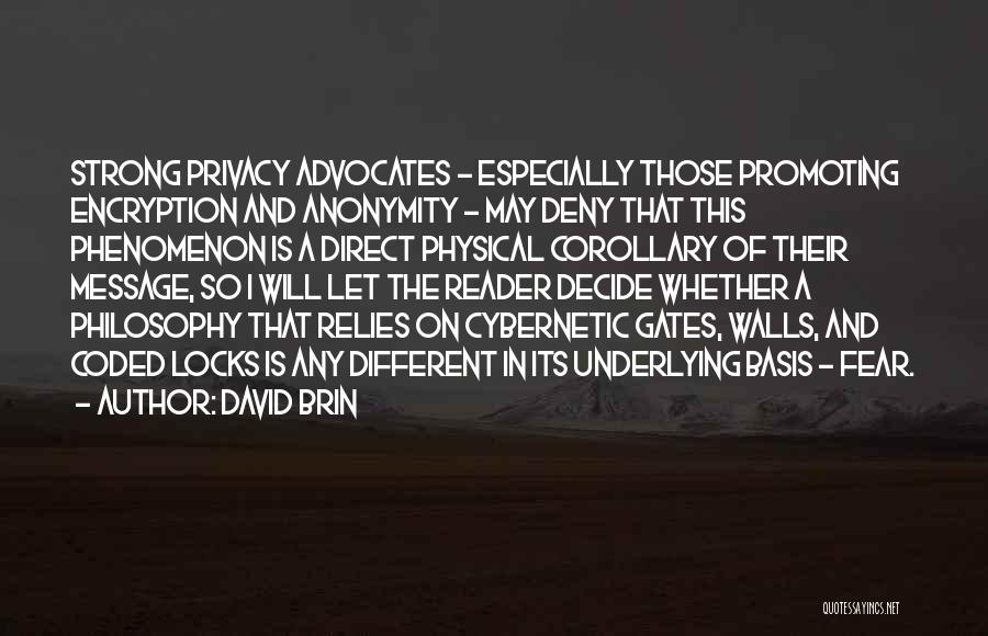 David Brin Quotes: Strong Privacy Advocates - Especially Those Promoting Encryption And Anonymity - May Deny That This Phenomenon Is A Direct Physical