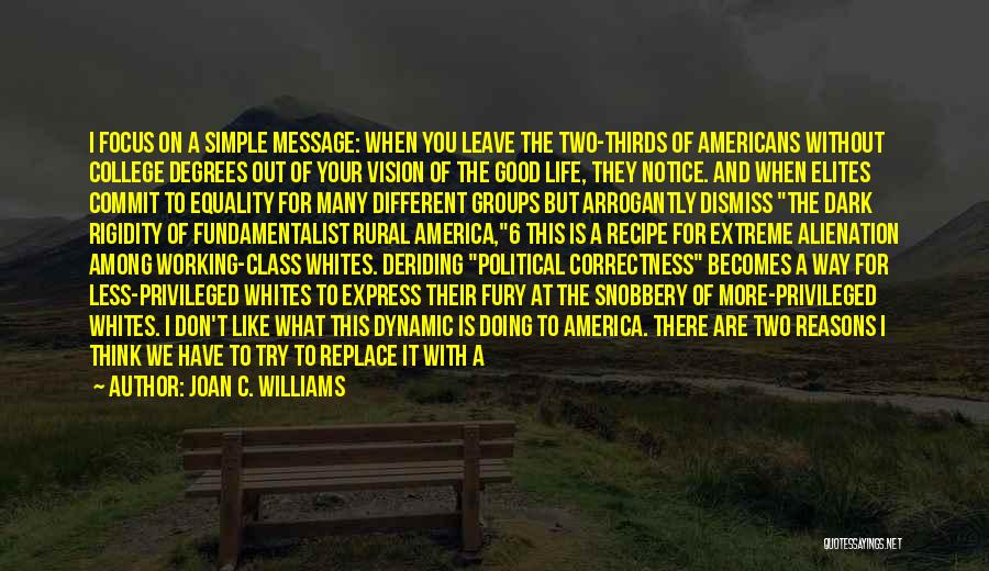 Joan C. Williams Quotes: I Focus On A Simple Message: When You Leave The Two-thirds Of Americans Without College Degrees Out Of Your Vision