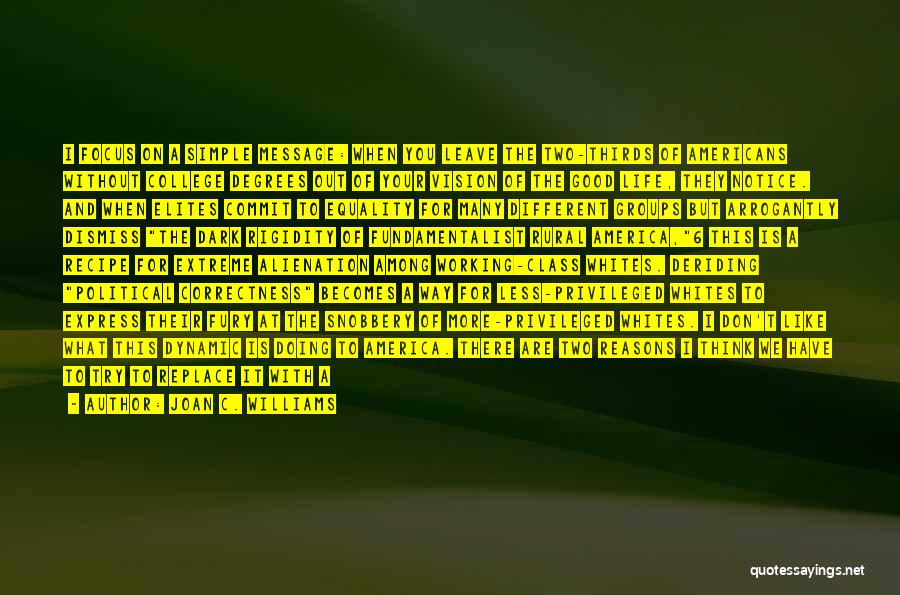 Joan C. Williams Quotes: I Focus On A Simple Message: When You Leave The Two-thirds Of Americans Without College Degrees Out Of Your Vision