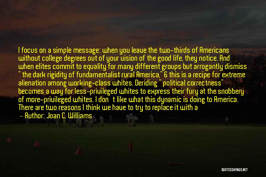 Joan C. Williams Quotes: I Focus On A Simple Message: When You Leave The Two-thirds Of Americans Without College Degrees Out Of Your Vision