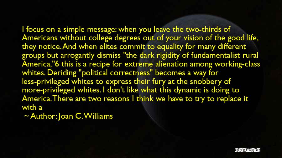 Joan C. Williams Quotes: I Focus On A Simple Message: When You Leave The Two-thirds Of Americans Without College Degrees Out Of Your Vision