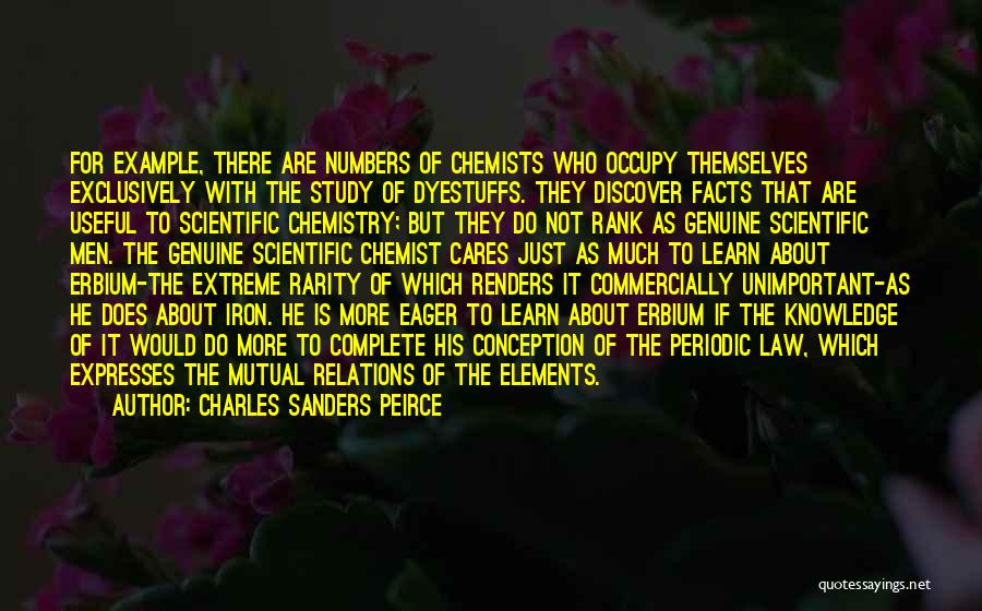 Charles Sanders Peirce Quotes: For Example, There Are Numbers Of Chemists Who Occupy Themselves Exclusively With The Study Of Dyestuffs. They Discover Facts That