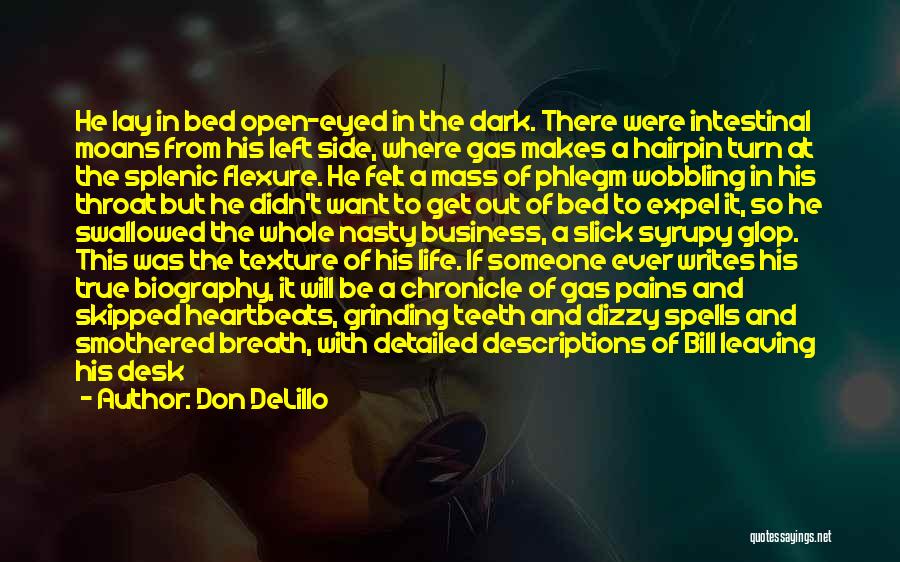 Don DeLillo Quotes: He Lay In Bed Open-eyed In The Dark. There Were Intestinal Moans From His Left Side, Where Gas Makes A