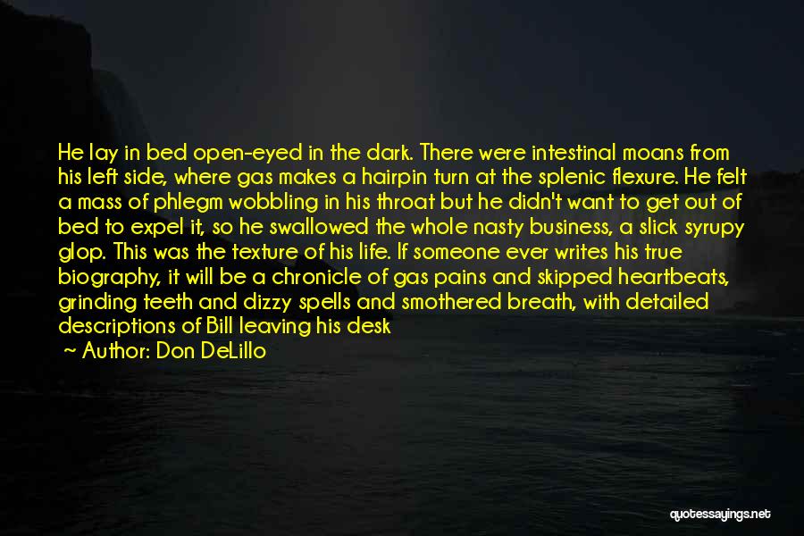 Don DeLillo Quotes: He Lay In Bed Open-eyed In The Dark. There Were Intestinal Moans From His Left Side, Where Gas Makes A