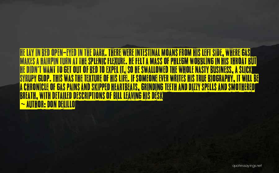 Don DeLillo Quotes: He Lay In Bed Open-eyed In The Dark. There Were Intestinal Moans From His Left Side, Where Gas Makes A