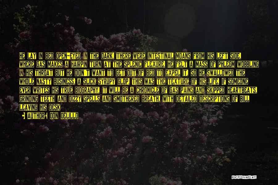 Don DeLillo Quotes: He Lay In Bed Open-eyed In The Dark. There Were Intestinal Moans From His Left Side, Where Gas Makes A