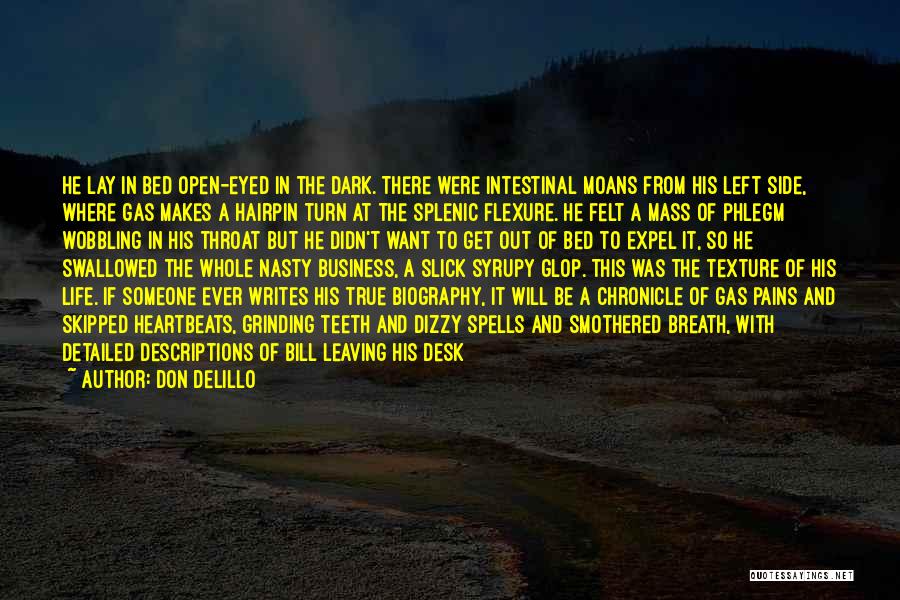 Don DeLillo Quotes: He Lay In Bed Open-eyed In The Dark. There Were Intestinal Moans From His Left Side, Where Gas Makes A