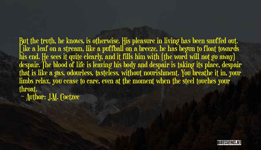 J.M. Coetzee Quotes: But The Truth, He Knows, Is Otherwise. His Pleasure In Living Has Been Snuffed Out. Like A Leaf On A