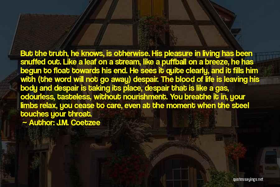 J.M. Coetzee Quotes: But The Truth, He Knows, Is Otherwise. His Pleasure In Living Has Been Snuffed Out. Like A Leaf On A