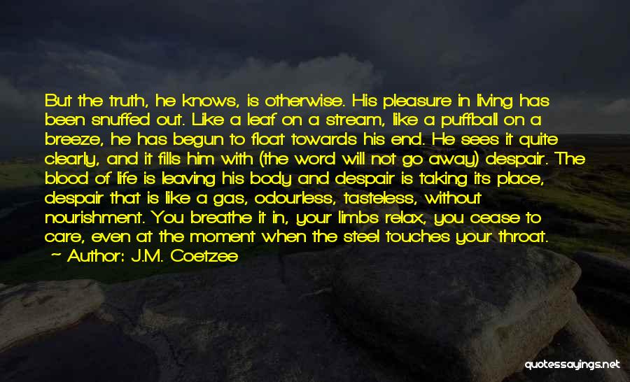 J.M. Coetzee Quotes: But The Truth, He Knows, Is Otherwise. His Pleasure In Living Has Been Snuffed Out. Like A Leaf On A