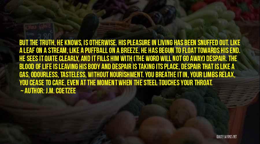 J.M. Coetzee Quotes: But The Truth, He Knows, Is Otherwise. His Pleasure In Living Has Been Snuffed Out. Like A Leaf On A