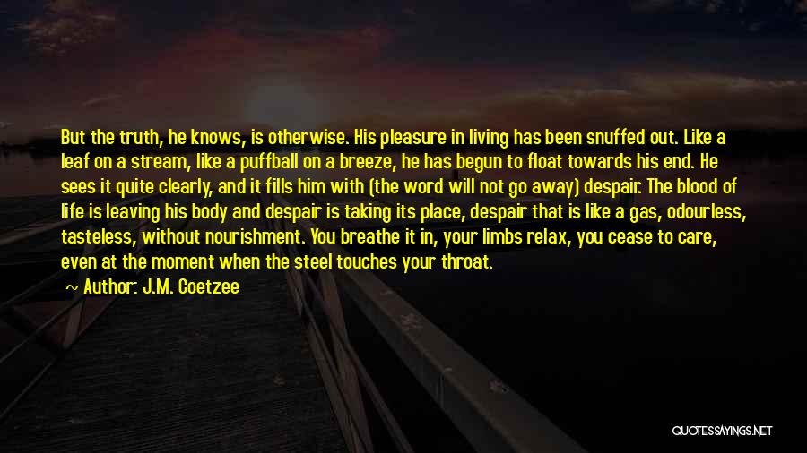 J.M. Coetzee Quotes: But The Truth, He Knows, Is Otherwise. His Pleasure In Living Has Been Snuffed Out. Like A Leaf On A