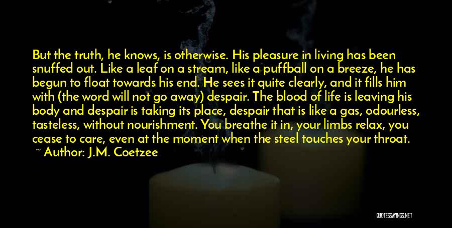 J.M. Coetzee Quotes: But The Truth, He Knows, Is Otherwise. His Pleasure In Living Has Been Snuffed Out. Like A Leaf On A