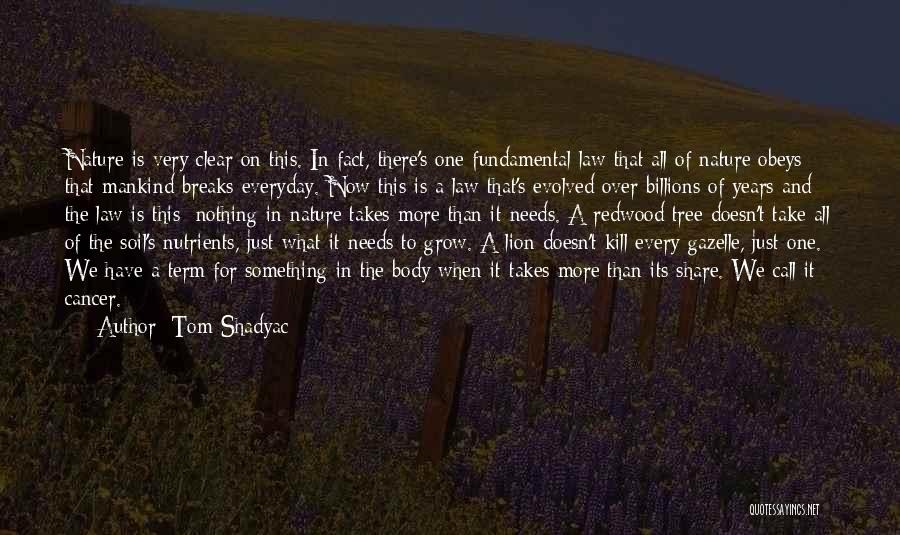 Tom Shadyac Quotes: Nature Is Very Clear On This. In Fact, There's One Fundamental Law That All Of Nature Obeys That Mankind Breaks