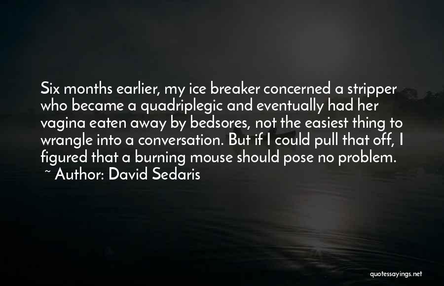 David Sedaris Quotes: Six Months Earlier, My Ice Breaker Concerned A Stripper Who Became A Quadriplegic And Eventually Had Her Vagina Eaten Away