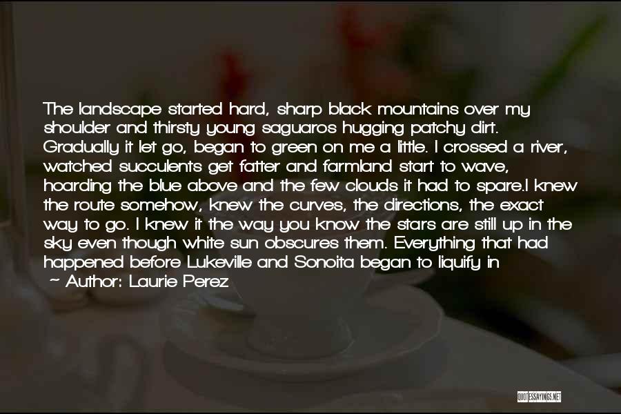 Laurie Perez Quotes: The Landscape Started Hard, Sharp Black Mountains Over My Shoulder And Thirsty Young Saguaros Hugging Patchy Dirt. Gradually It Let