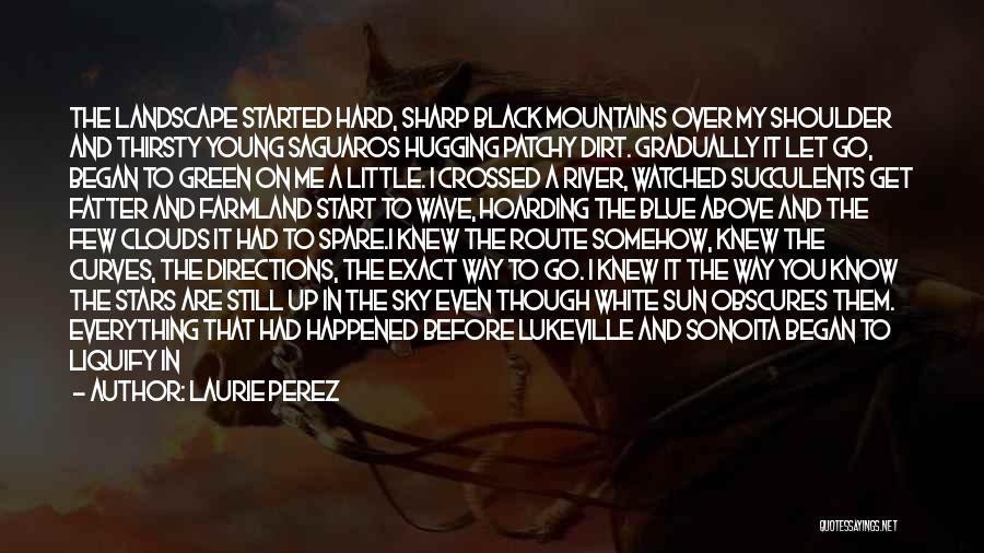 Laurie Perez Quotes: The Landscape Started Hard, Sharp Black Mountains Over My Shoulder And Thirsty Young Saguaros Hugging Patchy Dirt. Gradually It Let