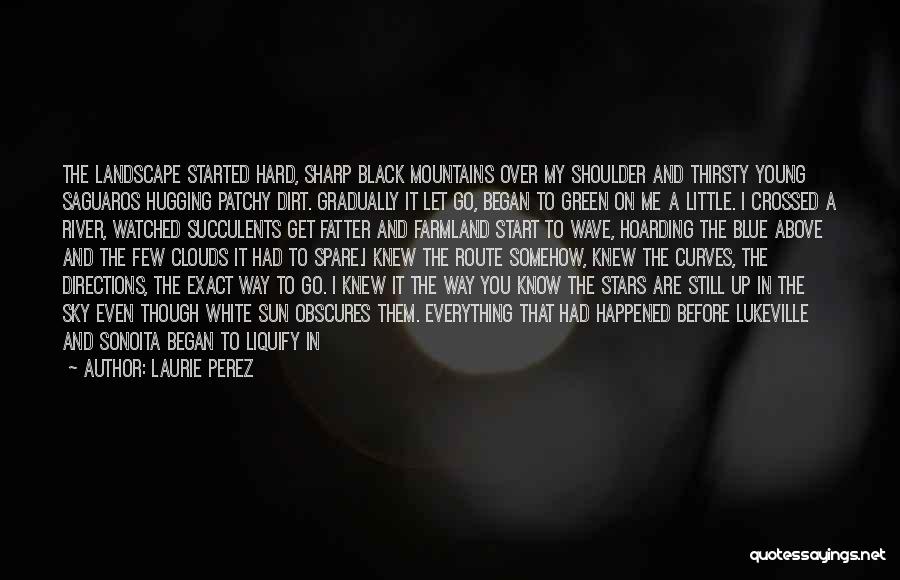 Laurie Perez Quotes: The Landscape Started Hard, Sharp Black Mountains Over My Shoulder And Thirsty Young Saguaros Hugging Patchy Dirt. Gradually It Let