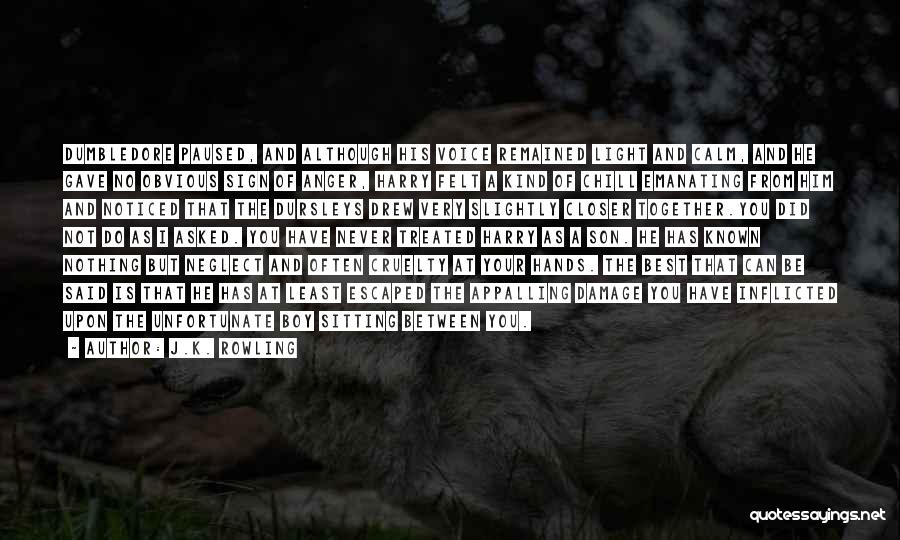J.K. Rowling Quotes: Dumbledore Paused, And Although His Voice Remained Light And Calm, And He Gave No Obvious Sign Of Anger, Harry Felt