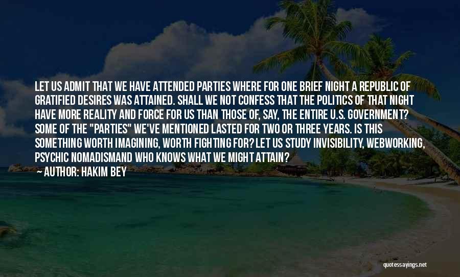 Hakim Bey Quotes: Let Us Admit That We Have Attended Parties Where For One Brief Night A Republic Of Gratified Desires Was Attained.