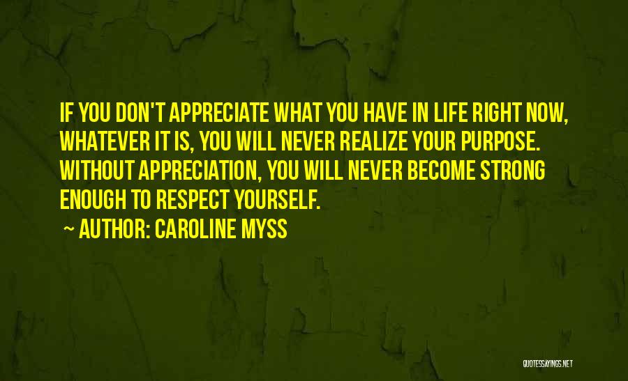 Caroline Myss Quotes: If You Don't Appreciate What You Have In Life Right Now, Whatever It Is, You Will Never Realize Your Purpose.