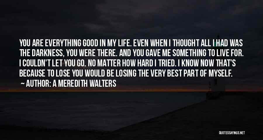 A Meredith Walters Quotes: You Are Everything Good In My Life. Even When I Thought All I Had Was The Darkness, You Were There.