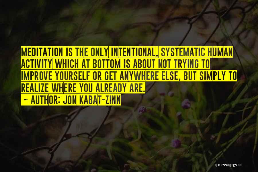 Jon Kabat-Zinn Quotes: Meditation Is The Only Intentional, Systematic Human Activity Which At Bottom Is About Not Trying To Improve Yourself Or Get