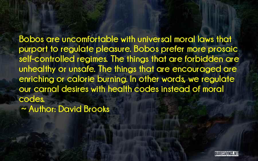 David Brooks Quotes: Bobos Are Uncomfortable With Universal Moral Laws That Purport To Regulate Pleasure. Bobos Prefer More Prosaic Self-controlled Regimes. The Things