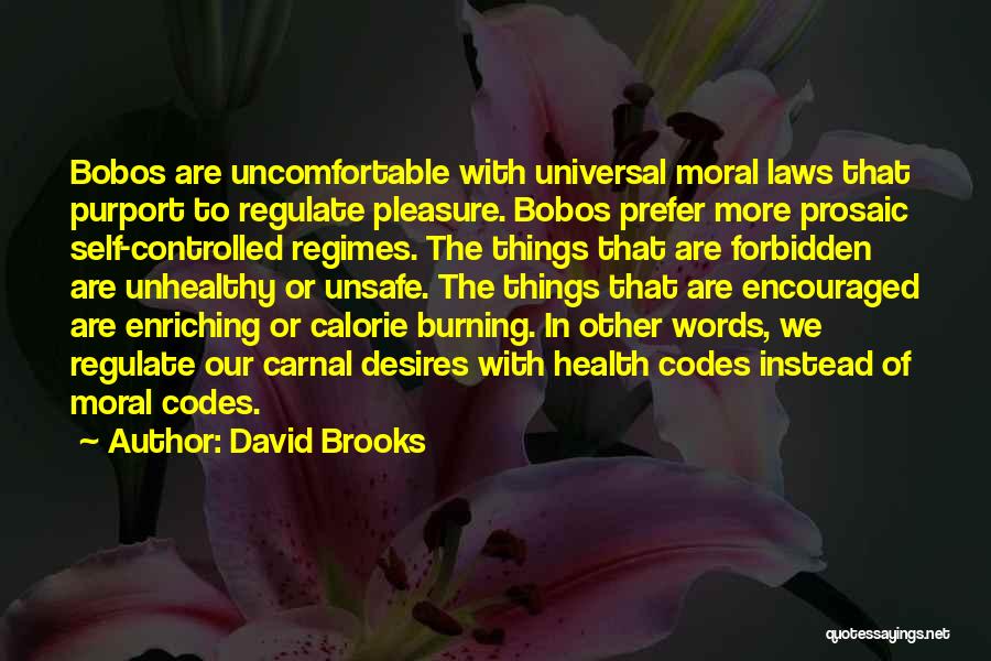 David Brooks Quotes: Bobos Are Uncomfortable With Universal Moral Laws That Purport To Regulate Pleasure. Bobos Prefer More Prosaic Self-controlled Regimes. The Things