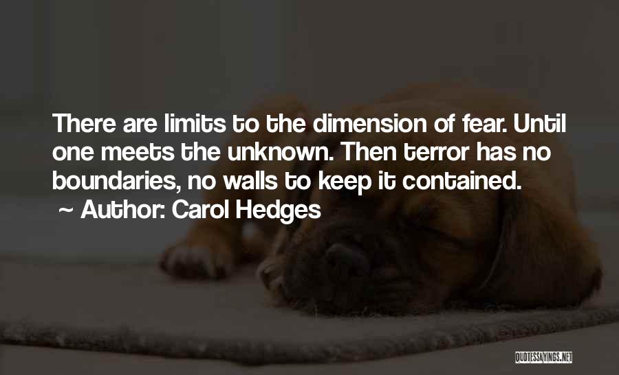 Carol Hedges Quotes: There Are Limits To The Dimension Of Fear. Until One Meets The Unknown. Then Terror Has No Boundaries, No Walls