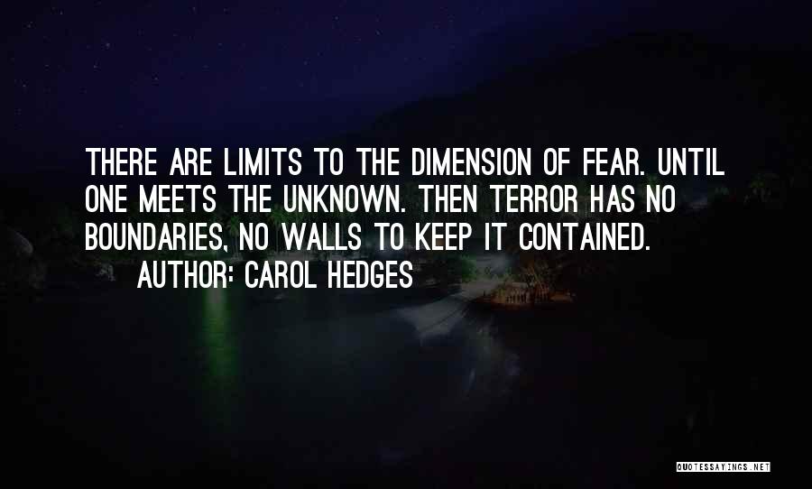 Carol Hedges Quotes: There Are Limits To The Dimension Of Fear. Until One Meets The Unknown. Then Terror Has No Boundaries, No Walls