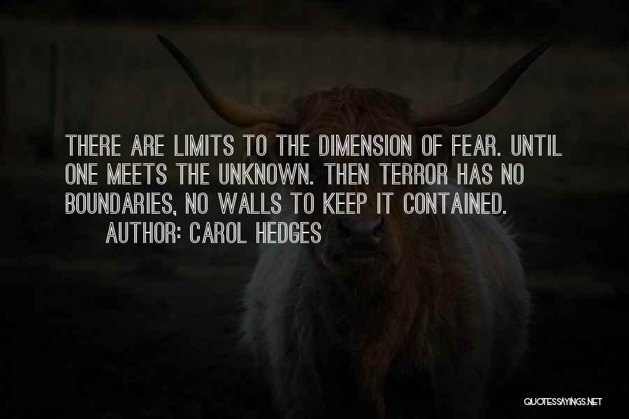 Carol Hedges Quotes: There Are Limits To The Dimension Of Fear. Until One Meets The Unknown. Then Terror Has No Boundaries, No Walls