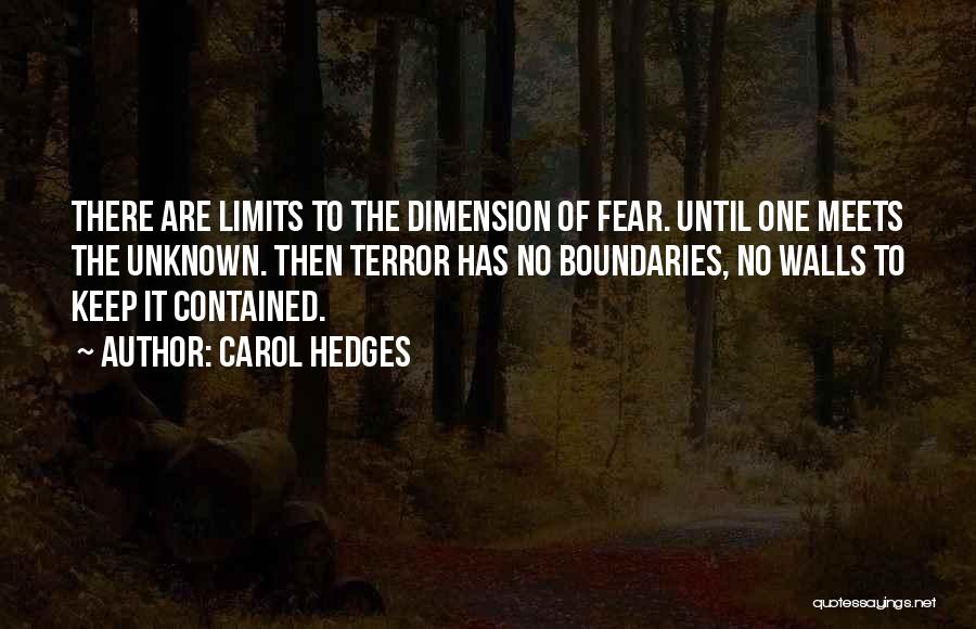 Carol Hedges Quotes: There Are Limits To The Dimension Of Fear. Until One Meets The Unknown. Then Terror Has No Boundaries, No Walls