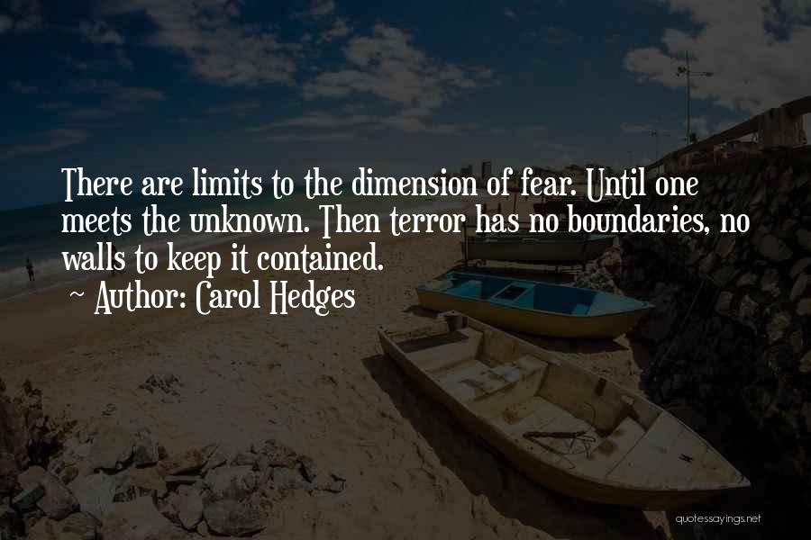 Carol Hedges Quotes: There Are Limits To The Dimension Of Fear. Until One Meets The Unknown. Then Terror Has No Boundaries, No Walls