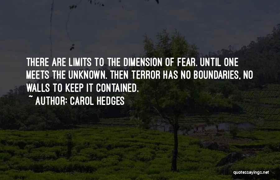 Carol Hedges Quotes: There Are Limits To The Dimension Of Fear. Until One Meets The Unknown. Then Terror Has No Boundaries, No Walls