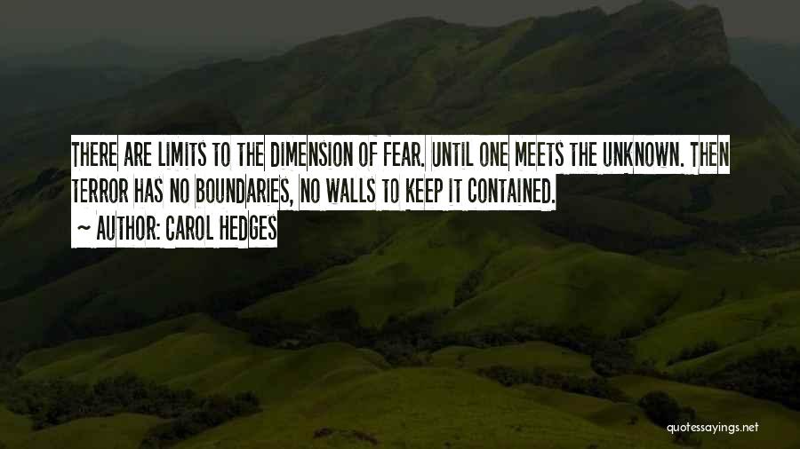 Carol Hedges Quotes: There Are Limits To The Dimension Of Fear. Until One Meets The Unknown. Then Terror Has No Boundaries, No Walls