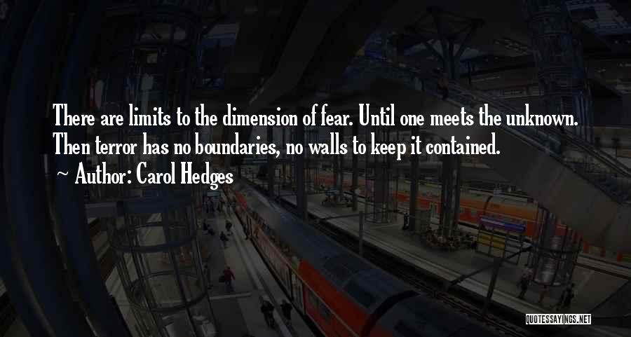 Carol Hedges Quotes: There Are Limits To The Dimension Of Fear. Until One Meets The Unknown. Then Terror Has No Boundaries, No Walls