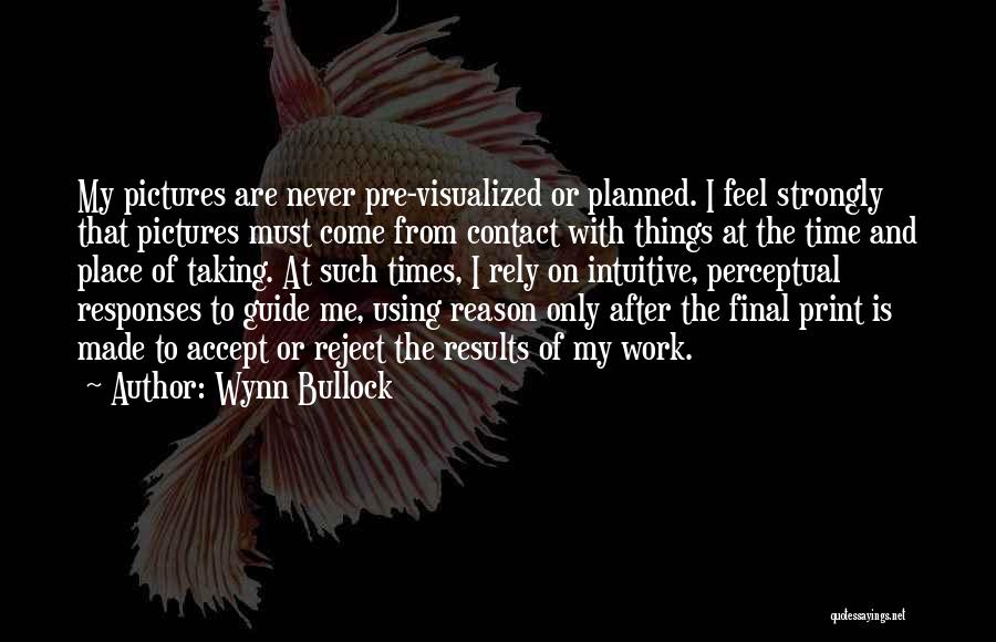 Wynn Bullock Quotes: My Pictures Are Never Pre-visualized Or Planned. I Feel Strongly That Pictures Must Come From Contact With Things At The