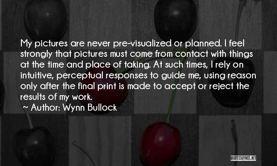 Wynn Bullock Quotes: My Pictures Are Never Pre-visualized Or Planned. I Feel Strongly That Pictures Must Come From Contact With Things At The