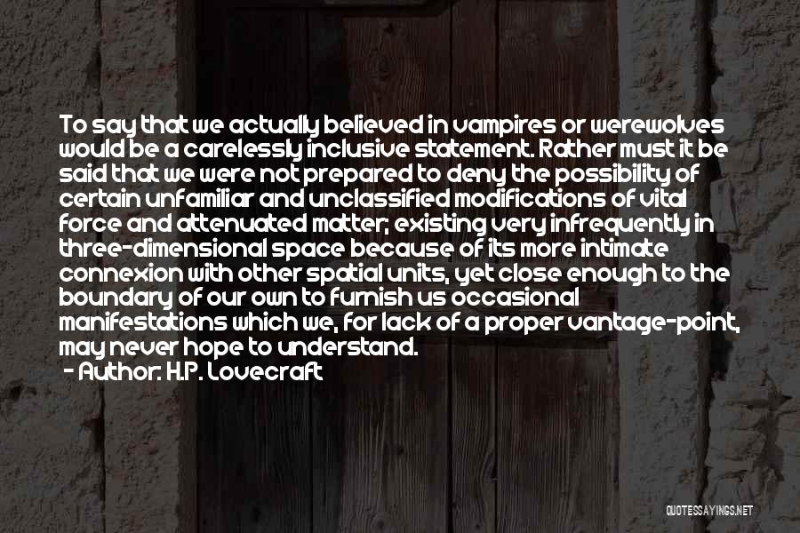 H.P. Lovecraft Quotes: To Say That We Actually Believed In Vampires Or Werewolves Would Be A Carelessly Inclusive Statement. Rather Must It Be