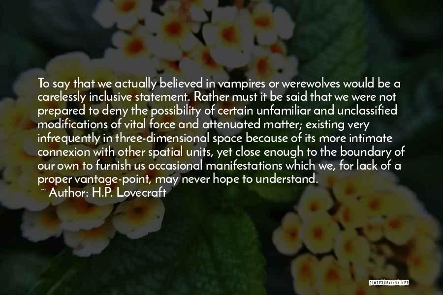 H.P. Lovecraft Quotes: To Say That We Actually Believed In Vampires Or Werewolves Would Be A Carelessly Inclusive Statement. Rather Must It Be