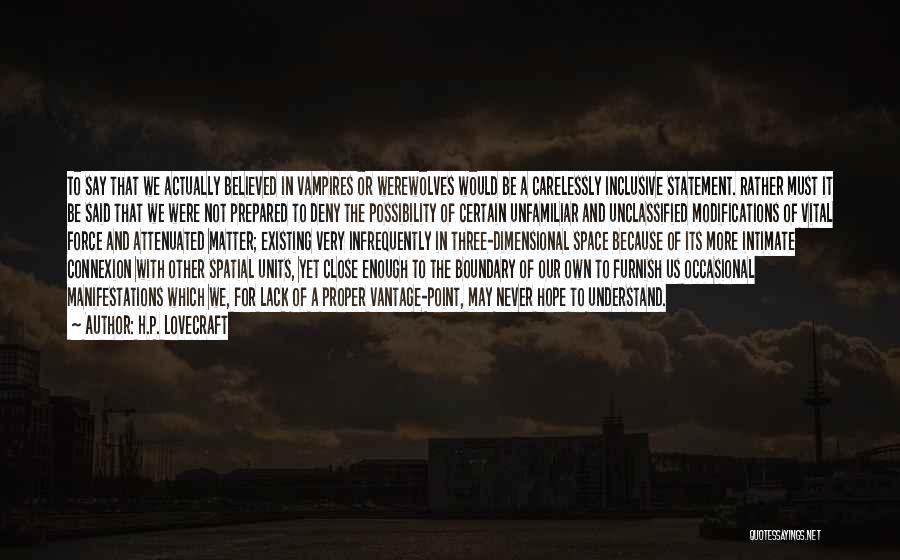 H.P. Lovecraft Quotes: To Say That We Actually Believed In Vampires Or Werewolves Would Be A Carelessly Inclusive Statement. Rather Must It Be