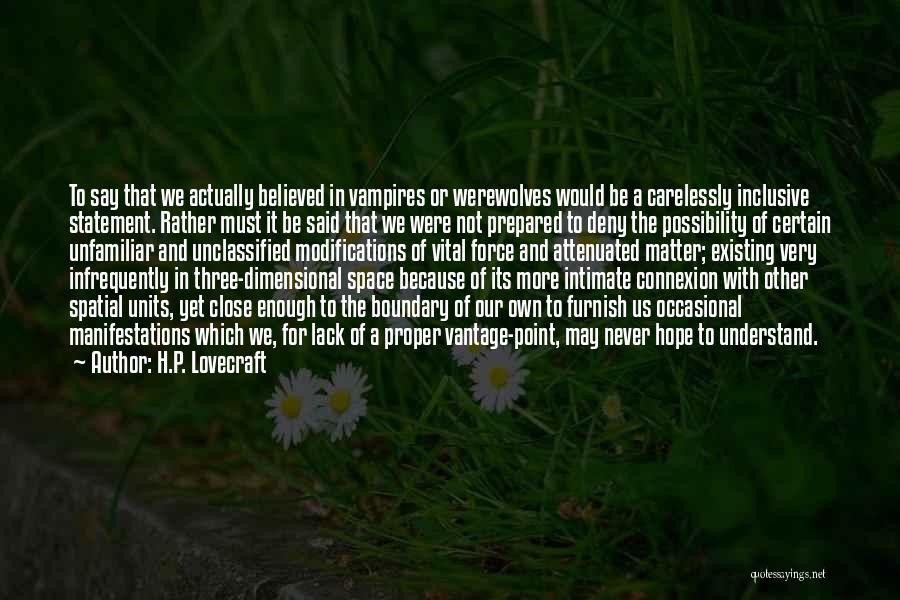 H.P. Lovecraft Quotes: To Say That We Actually Believed In Vampires Or Werewolves Would Be A Carelessly Inclusive Statement. Rather Must It Be