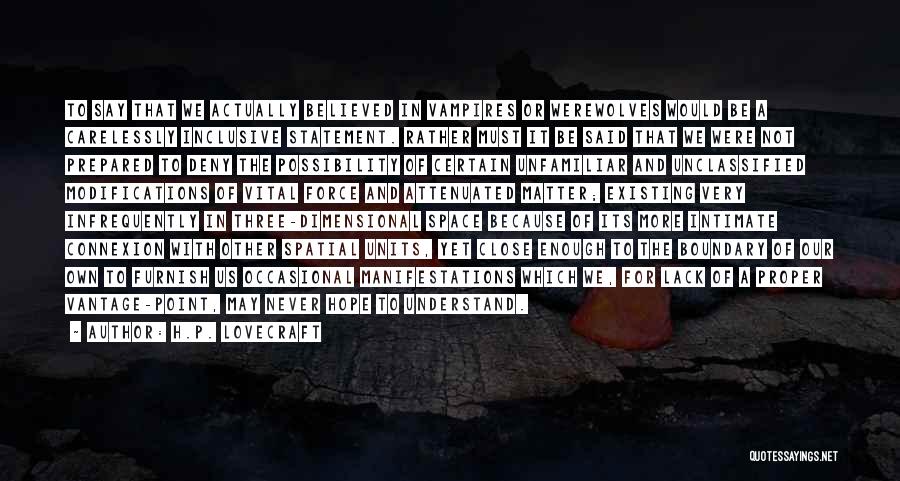 H.P. Lovecraft Quotes: To Say That We Actually Believed In Vampires Or Werewolves Would Be A Carelessly Inclusive Statement. Rather Must It Be