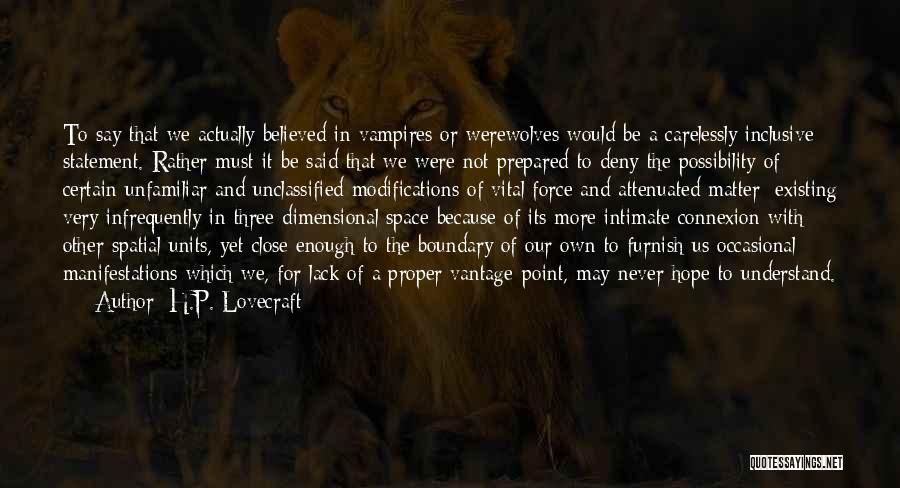 H.P. Lovecraft Quotes: To Say That We Actually Believed In Vampires Or Werewolves Would Be A Carelessly Inclusive Statement. Rather Must It Be