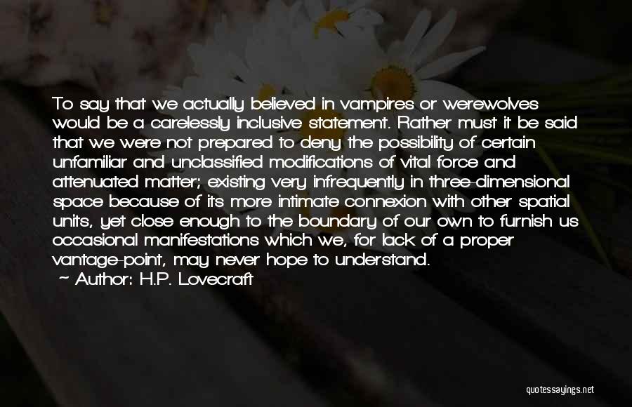 H.P. Lovecraft Quotes: To Say That We Actually Believed In Vampires Or Werewolves Would Be A Carelessly Inclusive Statement. Rather Must It Be