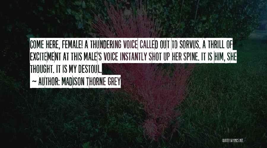 Madison Thorne Grey Quotes: Come Here, Female! A Thundering Voice Called Out To Sorvus. A Thrill Of Excitement At This Male's Voice Instantly Shot